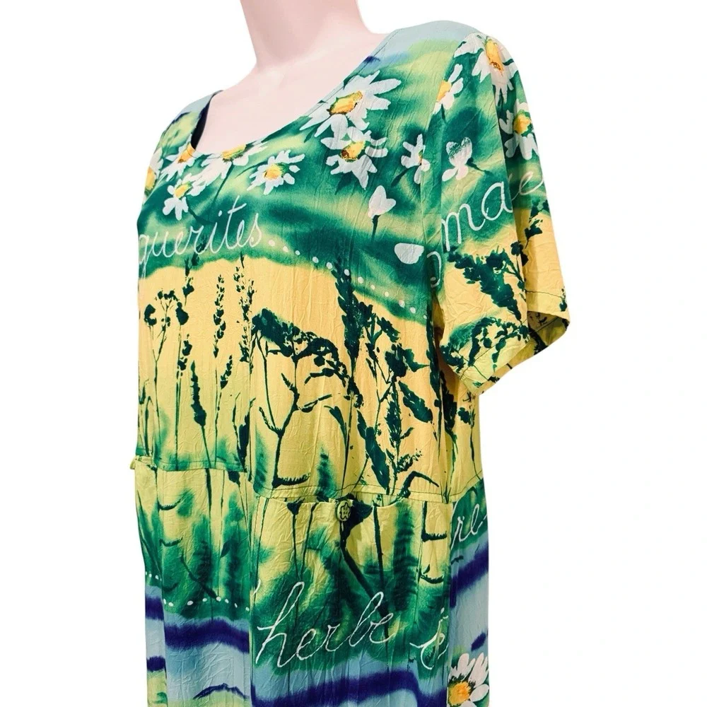VTG‎ Jams World Maxi Dress L Herb Daisies Art Print 90s Whimsigoth Resort